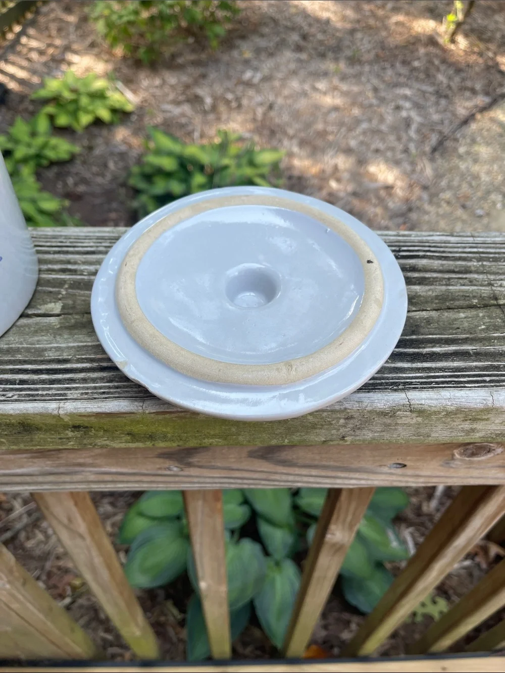 Vintage Grey Stoneware Snacks Crock Blue Floral